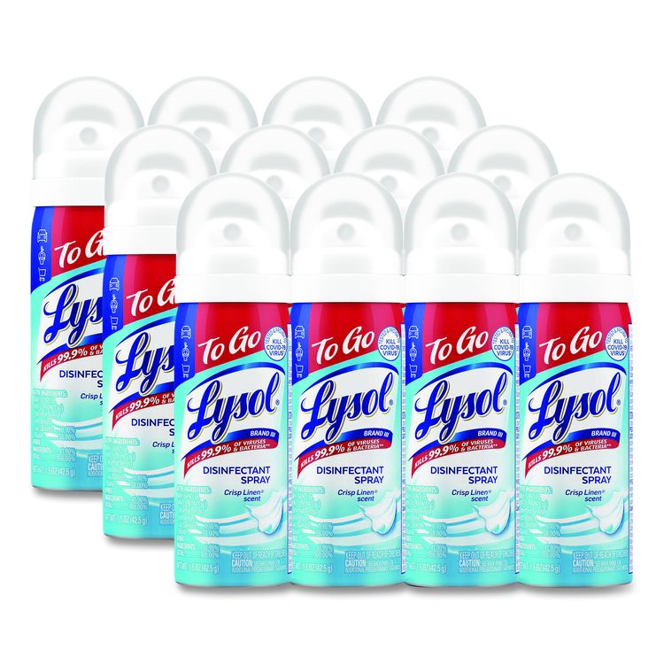 Disinfectant Spray To Go, Crisp Linen Scent, 1.5 oz Aerosol Spray, 12/Carton