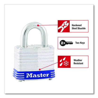 Four-Pin Tumbler Laminated Steel Lock, 2" Wide, Silver/Blue, 2 Keys