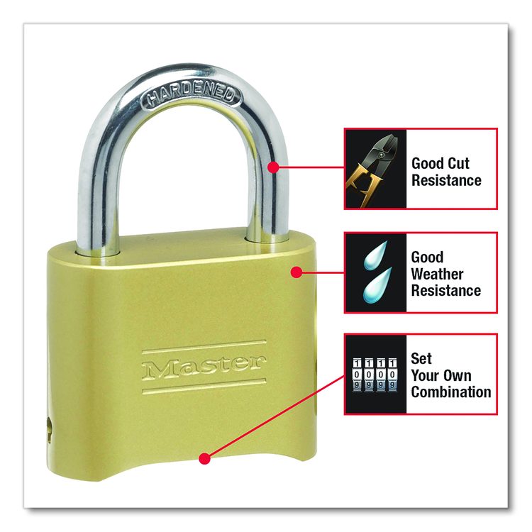 Resettable Combination Padlock, 2" Wide, Brass
