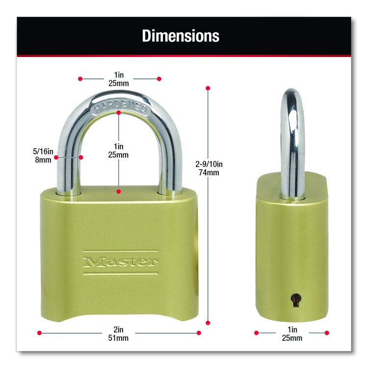 Resettable Combination Padlock, 2" Wide, Brass