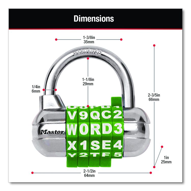 Password Plus Combination Lock, Hardened Steel Shackle, 2.5" Wide, Chrome/Assorted