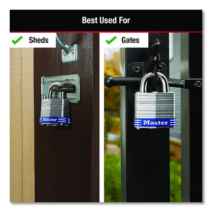 Four-Pin Tumbler Laminated Steel Lock, 2" Wide, Silver/Blue, 2 Keys