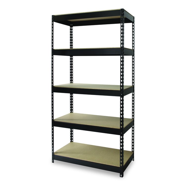 Steel Shelving Unit with Particleboard Shelves, Five-Shelf, 36w x 18d x 72h, Steel, Black