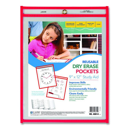 Reusable Dry Erase Pockets, Super Heavy-Duty, Top Load 9 x 12 Insert, Clear Front, Neon Red Border, 30/Pack