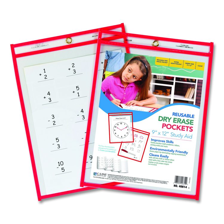 Reusable Dry Erase Pockets, Super Heavy-Duty, Top Load 9 x 12 Insert, Clear Front, Neon Red Border, 30/Pack