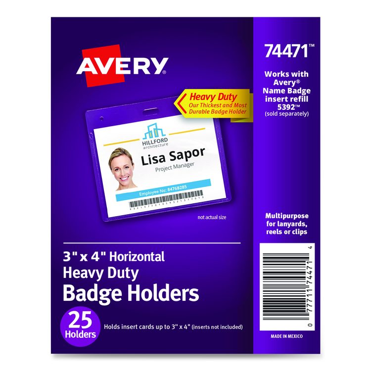 Secure Top Heavy-Duty Badge Holders, Horizontal, 4w x 3h, Clear, 25/Pack