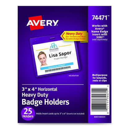 Secure Top Heavy-Duty Badge Holders, Horizontal, 4w x 3h, Clear, 25/Pack