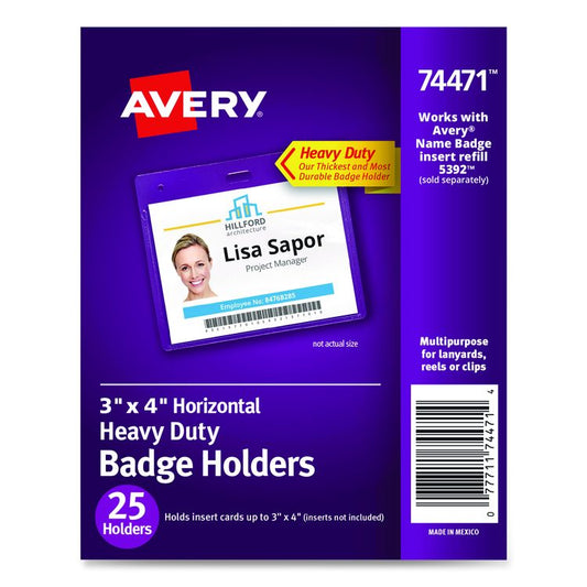 Secure Top Heavy-Duty Badge Holders, Horizontal, 4w x 3h, Clear, 25/Pack
