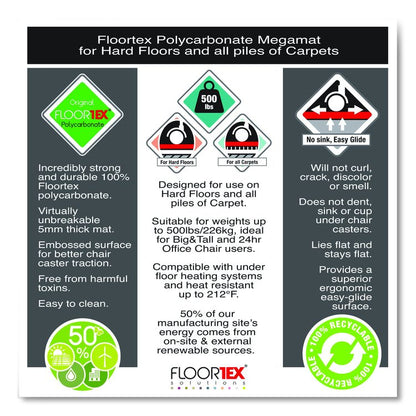 Cleartex MegaMat Heavy-Duty Polycarbonate Mats for Flat to Plush Pile Carpeted and Hard Floors, Rectangular, 46" x 60", Clear