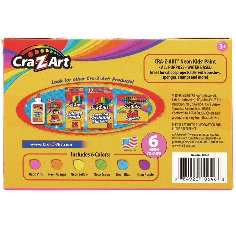 Neon Washable Kids' Paint, 6 Assorted Neon Colors, 2 oz Bottle, 6/Pack