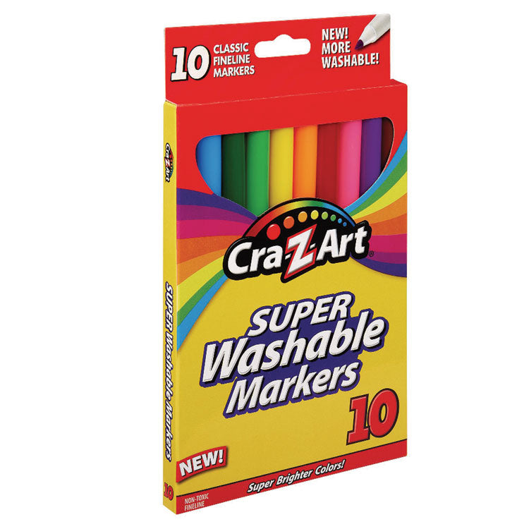Super Washable Markers, Fine Bullet Tip, Assorted Colors, 10/Set