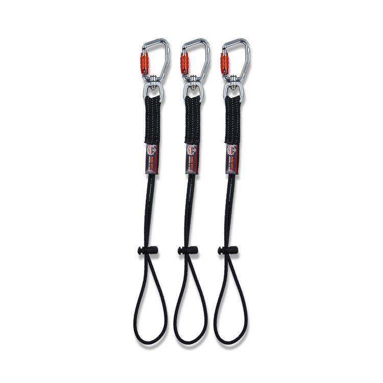 Squids 3714 Elastic Tool Tail Lanyard w/Carabiner and Cinch Loop, 10 lb Max Working Capacity, 15" Long, Black, 3/Pack