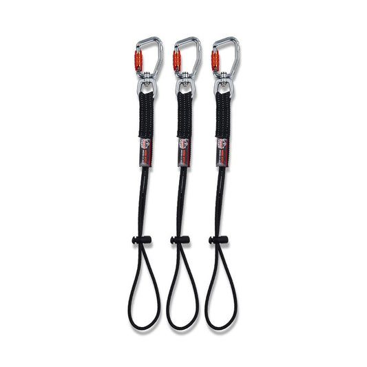 Squids 3714 Elastic Tool Tail Lanyard w/Carabiner and Cinch Loop, 10 lb Max Working Capacity, 15" Long, Black, 3/Pack