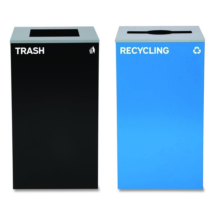 29 Gallon Trash/Recycling Cans, Steel, Blue Recycling with Mixed Lid, Black Trash Can with Square Lid