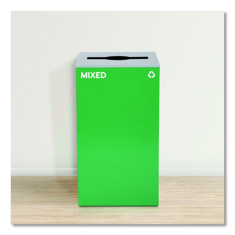 29 Gallon Trash/Recycling Cans, Steel, Green Mixed Recycling Can with Mixed Lid, Black Trash Can with Square Lid