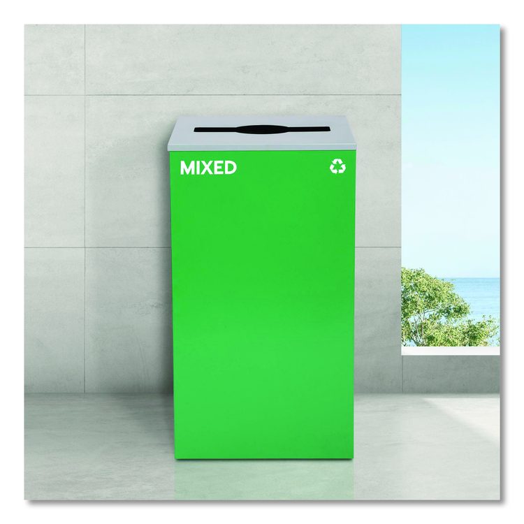 29 Gallon Trash/Recycling Cans, Steel, Green Mixed Recycling Can with Mixed Lid, Black Trash Can with Square Lid