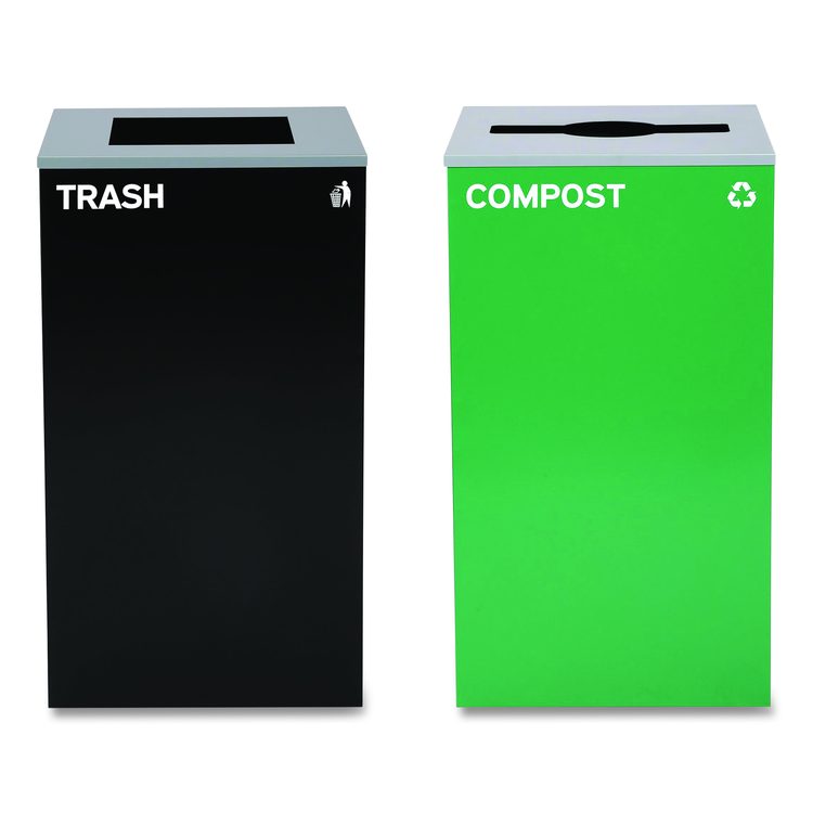29 Gallon Trash/Recycling Cans, Steel, Green Compost Can with Mixed Lid, Black Trash Can with Square Lid