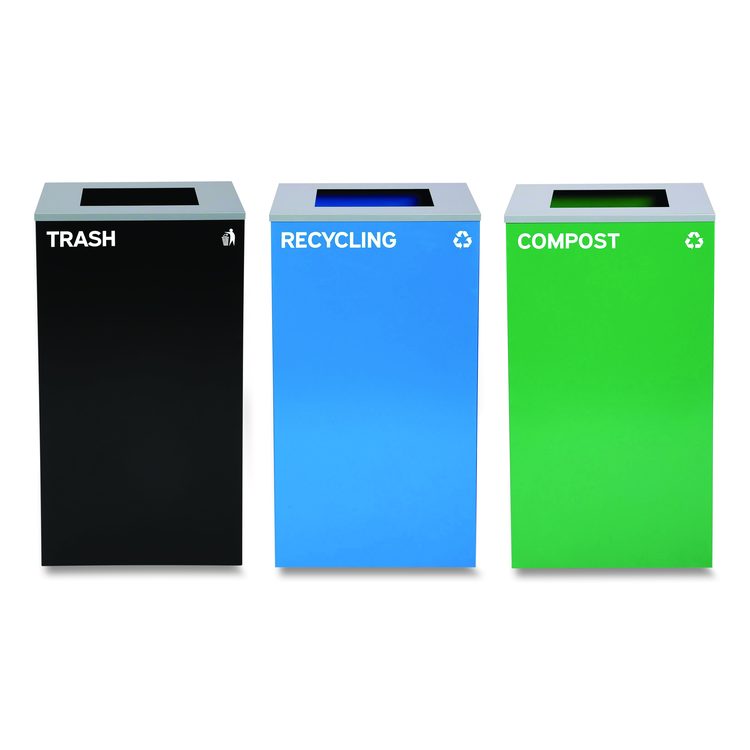29 Gallon Trash/Recycling Cans, Steel, Blue Recycling Can, Green Compost Can, Black Trash Can with Square Lids