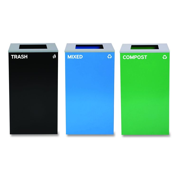 29 Gallon Trash/Recycling Cans, Steel, Blue Mixed Recycling Can, Green Compost Can, Black Trash Can with Square Lids