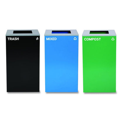 29 Gallon Trash/Recycling Cans, Steel, Blue Mixed Recycling Can, Green Compost Can, Black Trash Can with Square Lids