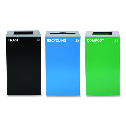 29 Gallon Trash/Recycling Cans, Steel, Blue Recycling Can/Mixed Lid, Green Compost Can and Black Trash Can with Square Lids