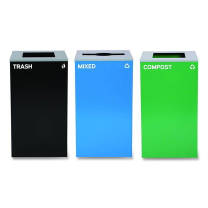 29 Gallon Trash/Recycling Cans, Steel, Blue Mixed Recycling Can w/Mixed Lid, Green Compost and Black Trash Cans w/Square Lids