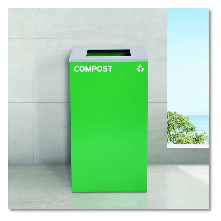 29 Gallon Trash/Recycling Cans, Steel, Blue Cans/Bottles Recycling Can w/Mixed Lid, Green Compost and Black Trash w/Sq Lid