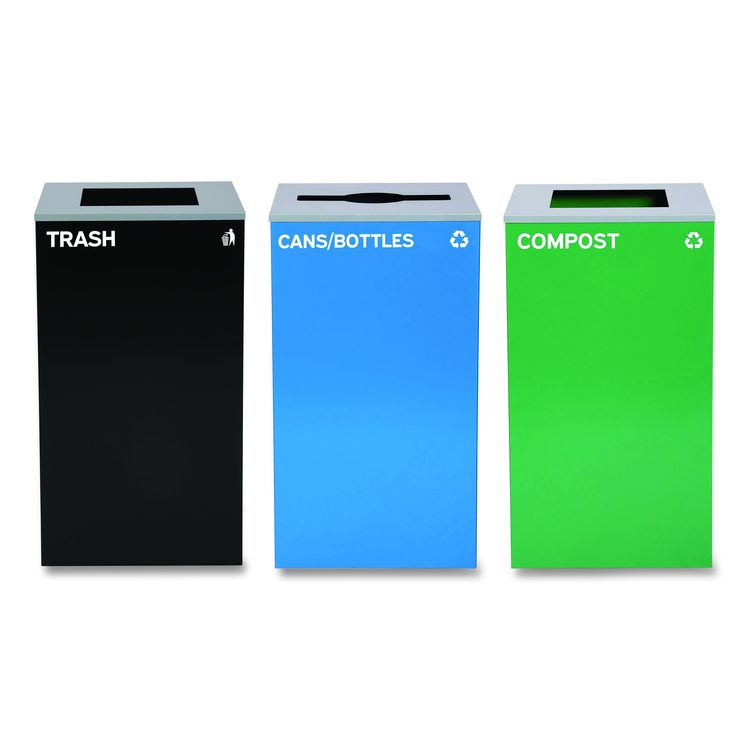 29 Gallon Trash/Recycling Cans, Steel, Blue Cans/Bottles Recycling Can w/Mixed Lid, Green Compost and Black Trash w/Sq Lid