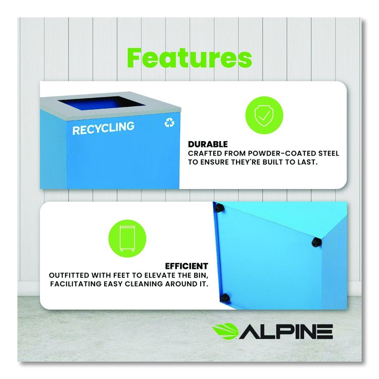 29 Gallon Trash/Recycling Cans, Steel, Blue Recycling Can with Square Lid