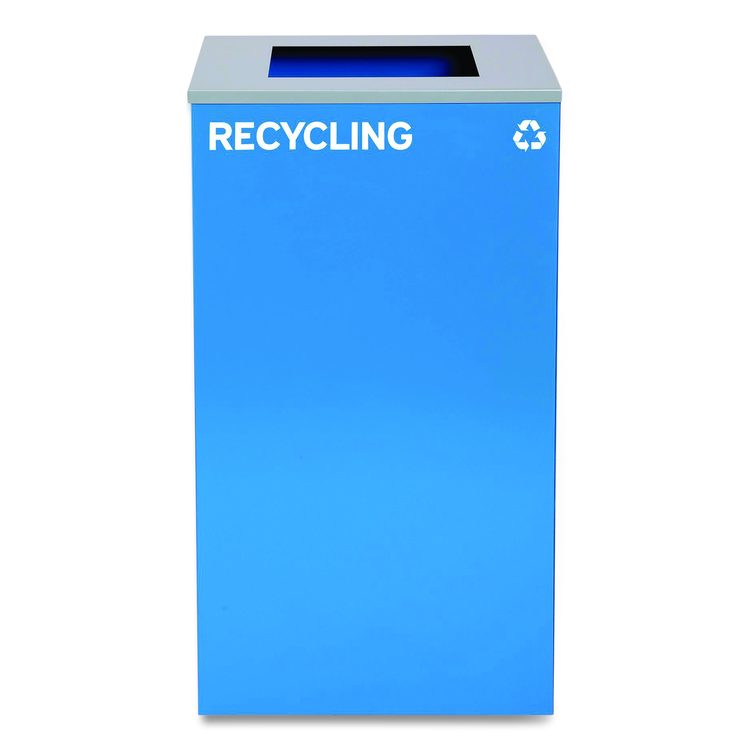29 Gallon Trash/Recycling Cans, Steel, Blue Recycling Can and Black Trash Can w/Sq Lid, Green Recycling Can with Mixed Lid
