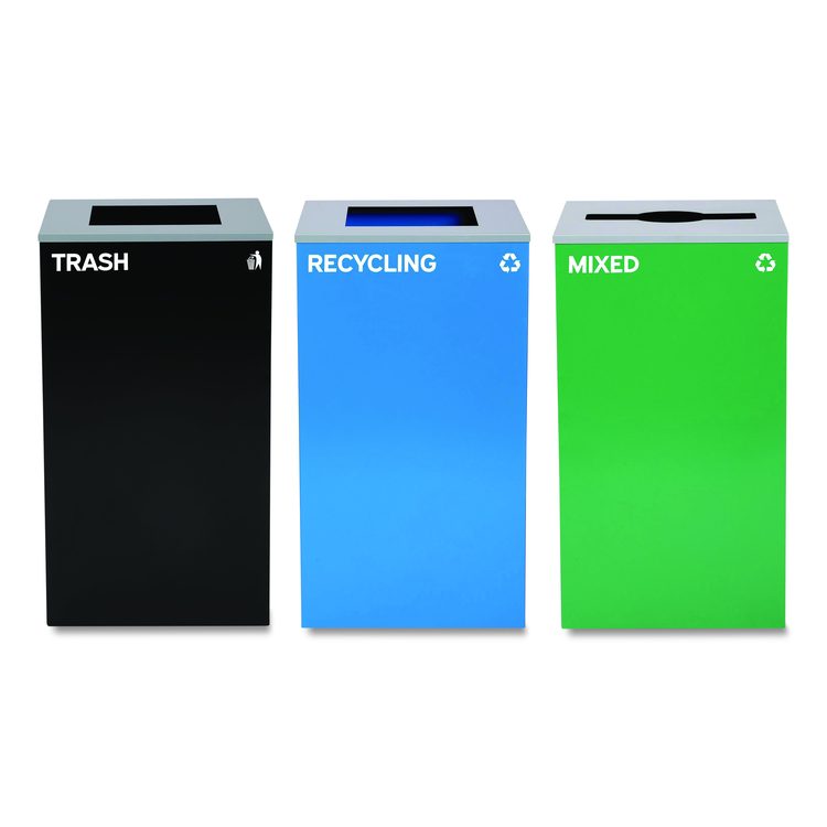 29 Gallon Trash/Recycling Cans, Steel, Blue Recycling and Black Trash Cans w/Square Lid, Green Mixed Recycling Can Mixed Lid