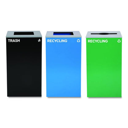 29 Gallon Trash/Recycling Cans, Steel, Blue Recycling Can and Black Trash Can w/Sq Lid, Green Recycling Can with Mixed Lid