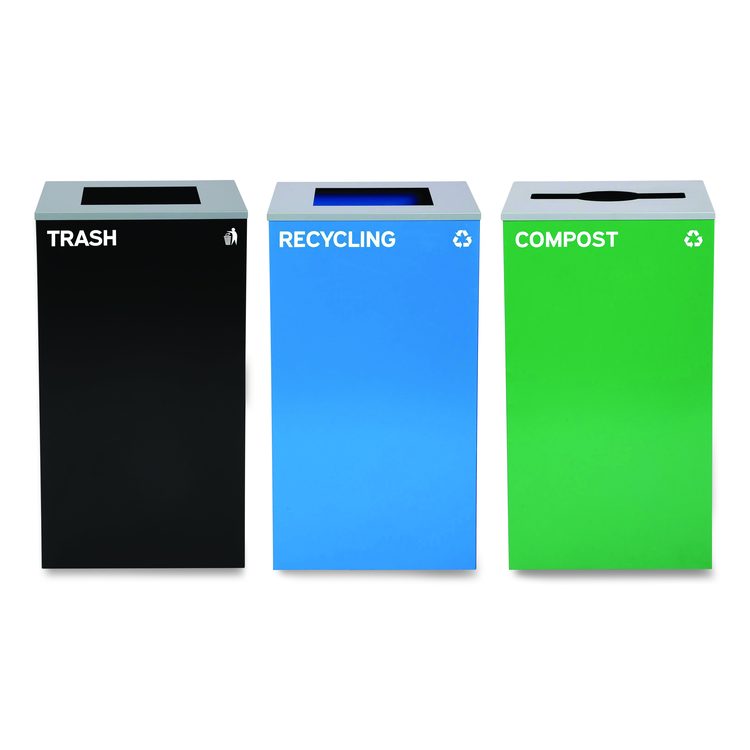 29 Gallon Trash/Recycling Cans, Steel, Blue Recycling Can and Black Trash Can w/Square Lids, Green Compost Can with Mixed Lid