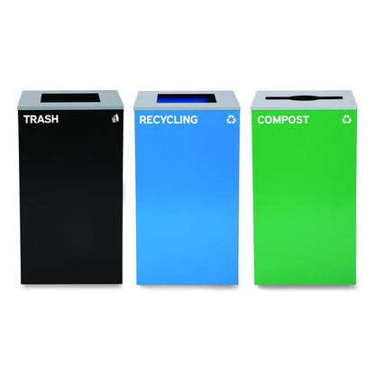 29 Gallon Trash/Recycling Cans, Steel, Blue Recycling Can and Black Trash Can w/Square Lids, Green Compost Can with Mixed Lid