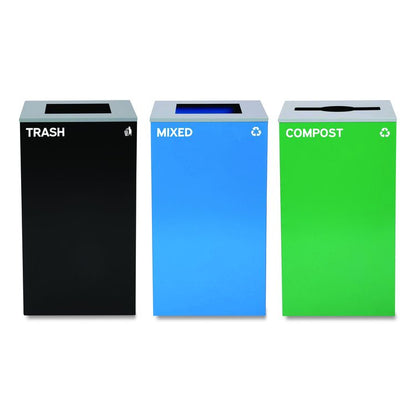 29 Gallon Trash/Recycling Cans, Steel, Blue Mixed Recycling and Black Trash Cans w/Square Lids, Green Compost Can w/Mixed Lid