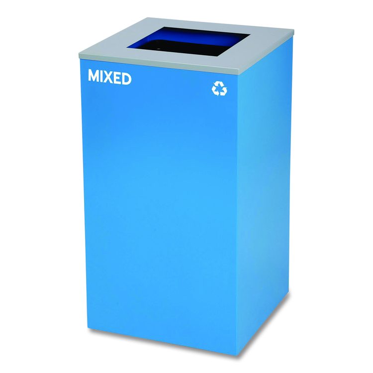 29 Gallon Trash/Recycling Cans, Steel, Blue Mixed Recycling and Black Trash Cans w/Square Lids, Green Compost Can w/Mixed Lid