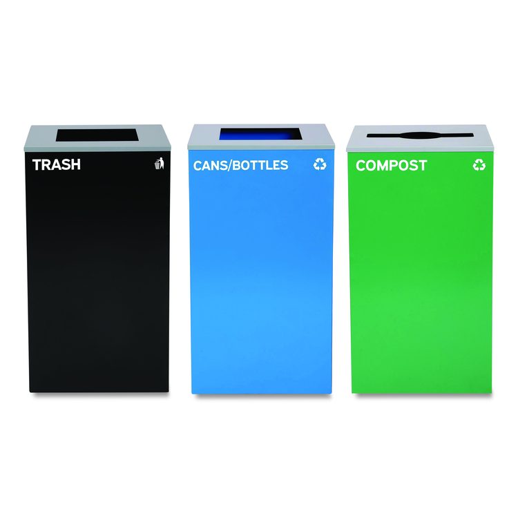 29 Gallon Trash/Recycling Cans, Steel, Blue Cans/Bottles Recycling and Black Trash Can w/Sq Lid, Green Compost Can Mixed Lid