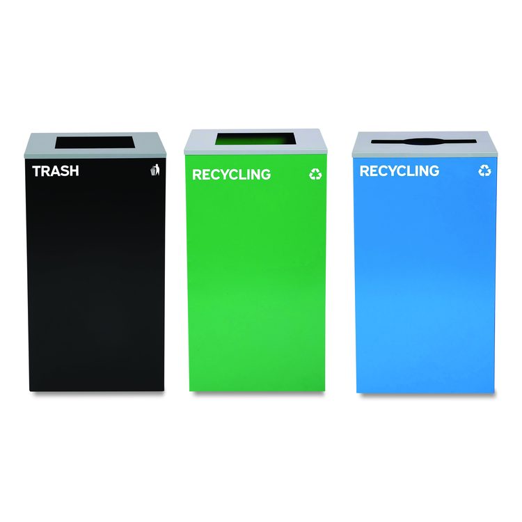 29 Gallon Trash/Recycling Cans, Steel, Blue Recycling Can w/Mixed Lid, Green Recycling Can and Black Trash Can with Sq Lid