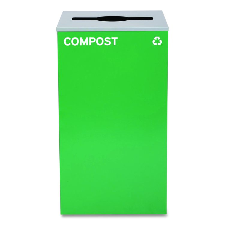 29 Gallon Trash/Recycling Cans, Steel, Blue Mixed Recycling and Green Compost Cans w/Mixed Lids, Black Trash Can w/Square Lid