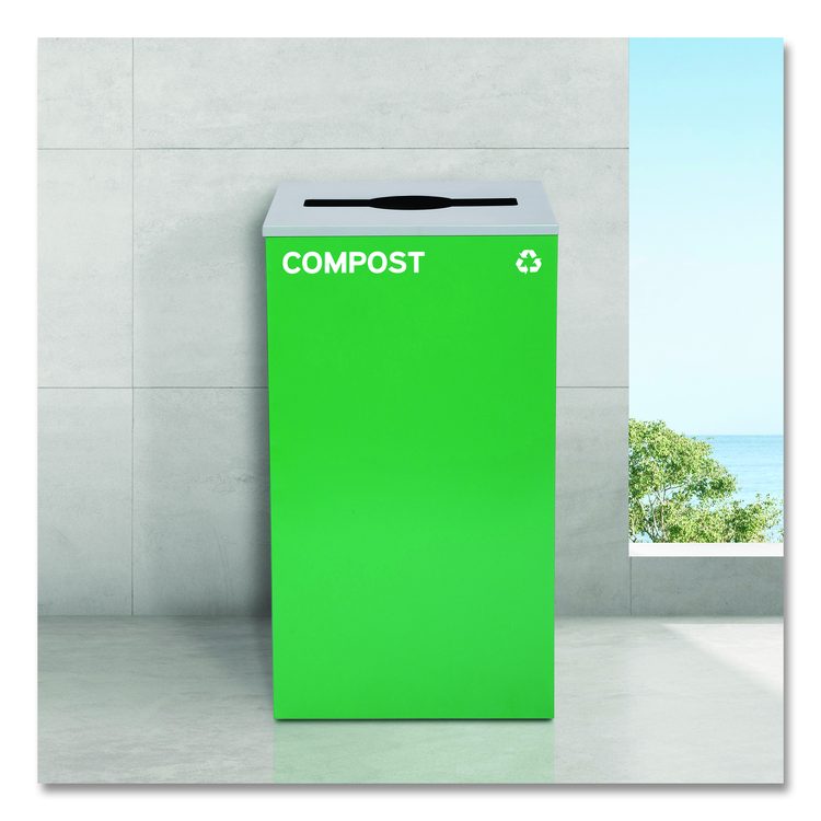 29 Gallon Trash/Recycling Cans, Steel, Blue Mixed Recycling and Green Compost Cans w/Mixed Lids, Black Trash Can w/Square Lid