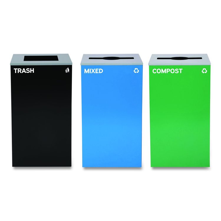 29 Gallon Trash/Recycling Cans, Steel, Blue Mixed Recycling and Green Compost Cans w/Mixed Lids, Black Trash Can w/Square Lid