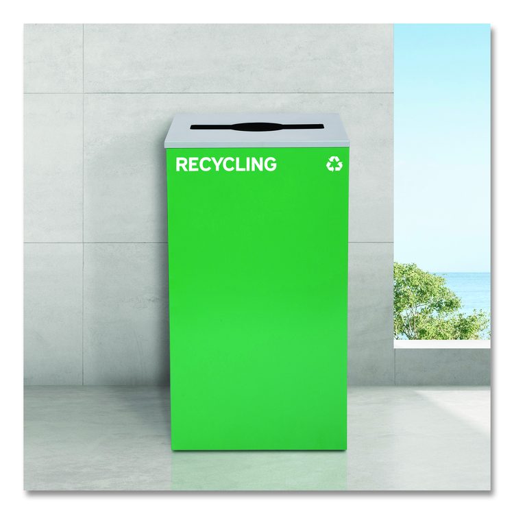 29 Gallon Trash/Recycling Cans, Steel, Blue Recycling Can and Green Recycling Can w/Mixed Lids, Black Trash Can w/Square Lid