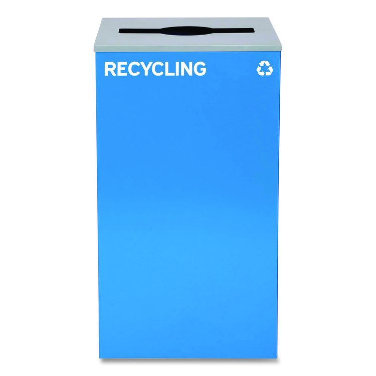 29 Gallon Trash/Recycling Cans, Steel, Blue Recycling Can and Green Recycling Can w/Mixed Lids, Black Trash Can w/Square Lid