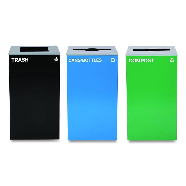 29 Gallon Trash/Recycling Cans, Steel, Blue Cans/Bottles Recycling and Green Compost Can w/Mixed Lid, Black Trash Can Sq Lid