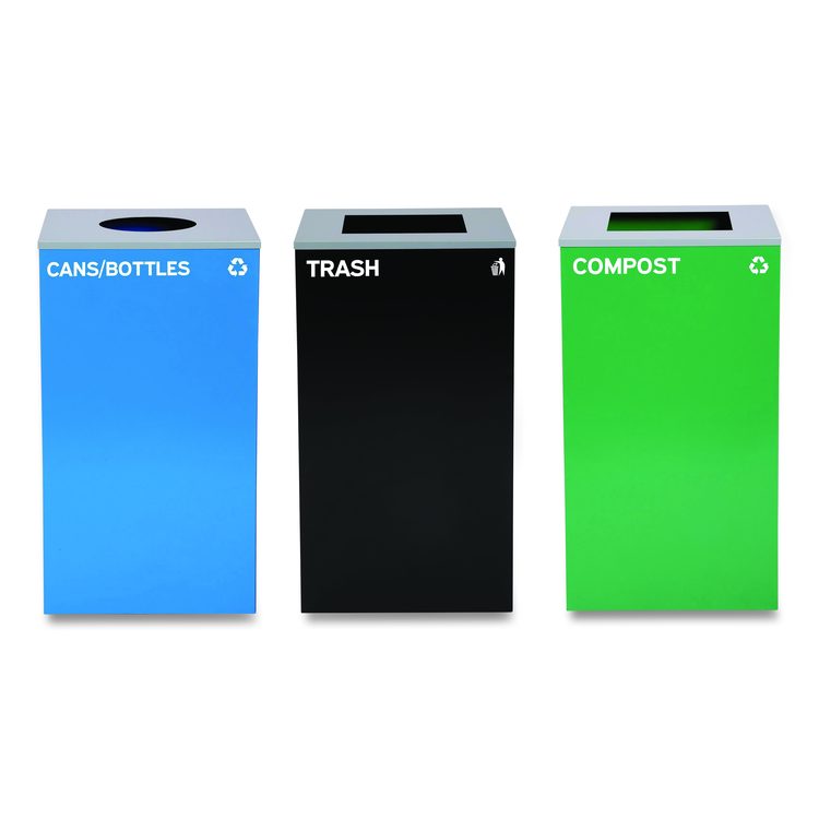 29 Gallon Trash/Recycling Cans, Steel, Blue Cans/Bottles with Circle Lid, Green Compost and Black Trash Cans with Square Lids
