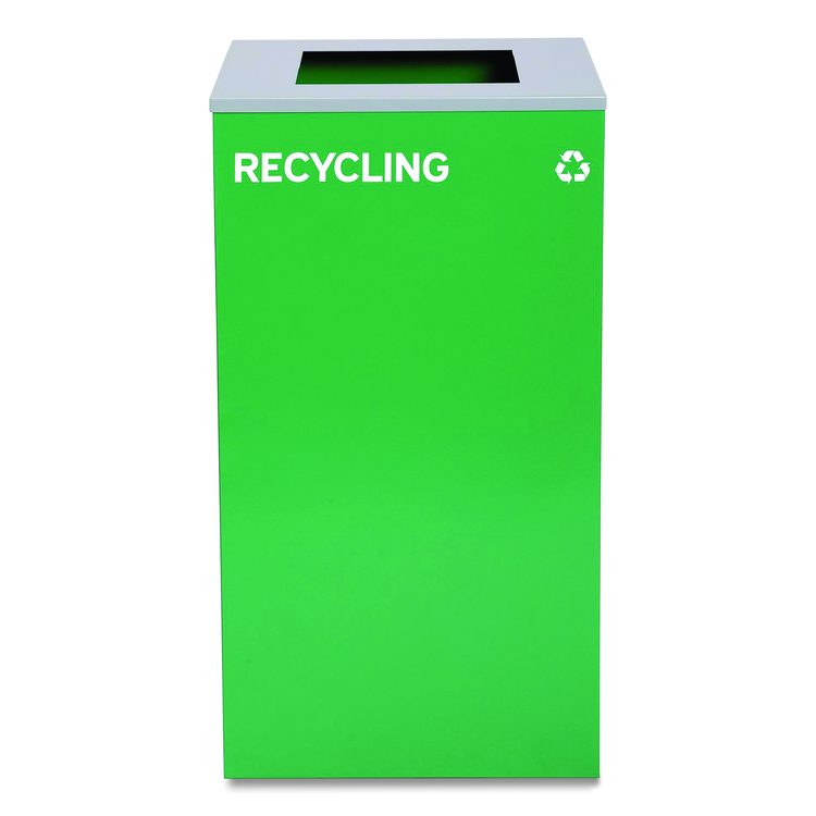 29 Gallon Trash/Recycling Cans, Steel, Blue Recycling Can w/Circle Lid, Green Recycling Can and Black Trash Can w/Square Lids