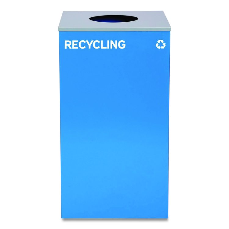 29 Gallon Trash/Recycling Cans, Steel, Blue Recycling Can w/Circle Lid, Green Recycling Can and Black Trash Can w/Square Lids