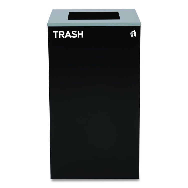 29 Gallon Trash/Recycling Cans, Steel, Blue Recycling Can w/Circle Lid, Green Recycling Can and Black Trash Can w/Square Lids