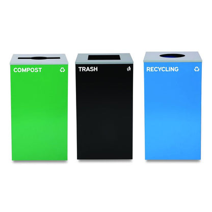 29 Gallon Trash/Recycling Cans, Steel, Blue Recycling Can w/Circle Lid, Green Compost w/Mixed Lid, Black Trash w/Square Lid
