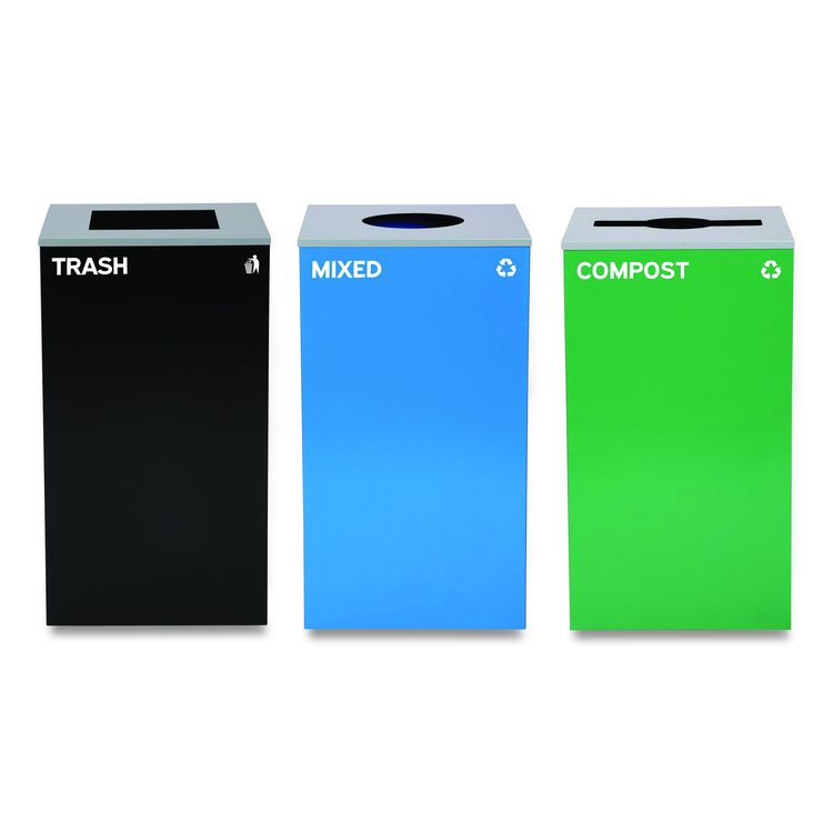 29 Gallon Trash/Recycling Cans, Steel, Blue Mixed Recycling w/Circle Lid, Green Compost w/Mixed Lid, Black Trash w/Square Lid